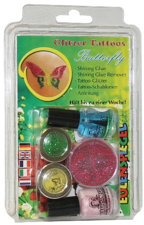Eulenspiegel 730584 - Glitzer Tattoo Set Butterfly, Glitter-Set, Schmetterling, Karneval, Halloween, Mottoparty | 2 x 2 g, 1 x 6 g Glitzer mit Schablonen & weiterem Zubehör, für Karneval, Halloween & Mottopartys