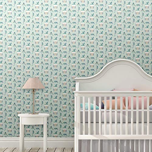 Kindertapete Indianer Eulen mit Federn in mint, Vlies Tapete Kinder, moderne GMM Design Tapete Kinderzimmer | Spielzimmer (H: 3,5m B: 46,5cm)