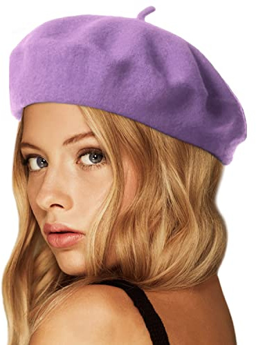 Wheebo Béret en laine, couleur unie, style français, pour femmes, filles, dames, Béret Chapeau couleur lilas fba, Taille unique