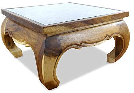 livasia Opiumtisch mit Glasplatte, asiatischer Couchtisch, Sofatisch mit Elefantenschnitzerei (76x76cm)