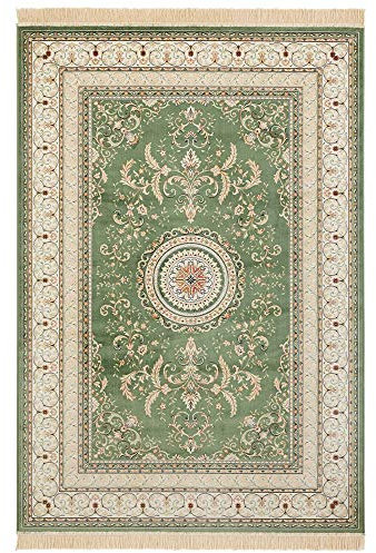 Nouristan Naveh Orient Teppich – Wohnzimmerteppich Orientalisch Kurzflor mit Fransen Vintage Orientalischer Samt-Teppich für Esszimmer, Wohnzimmer, Schlafzimmer – Grün, 95x140cm