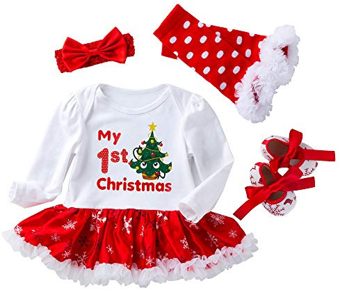 Winmany Nyfödd Baby Flickor Jul Sparkdräkt Tutu Klänning Outfit Pannband Benvärmare Skor