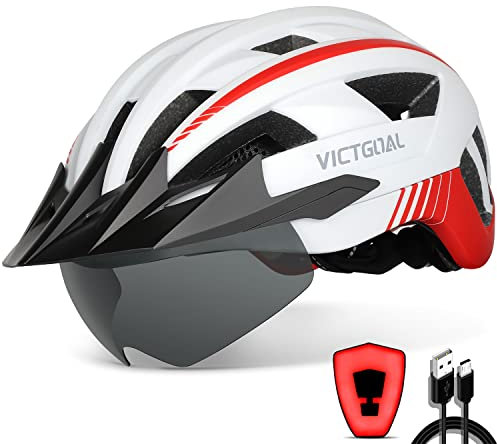 VICTGOAL Fahrradhelm Herren Damen MTB Helm mit Abnehmbarer Magnetische Schutzbrille Visier Atmungsaktiv mit 21 Belüftungskanäle Radhelm Einstellbare Fahrradhelme (L: 57-61cm, Weiß)