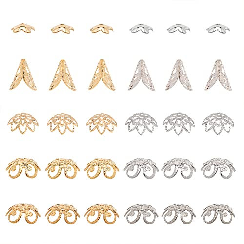 UNICRAFTALE 80pcs 10 Styles 2 Colors Perlenkappen Blumen Perlenkappen Zwischenperlen Kappen Hollow Edelstahl Endkappen Gold Perlen Zubehör Für Armband Halskette Schmuckherstellung