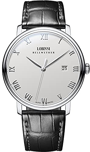 LOBINNI Herrenuhr Townsman aus Edelstahl und Leder, lässig, automatisch, mechanisch, modisch, luxuriös