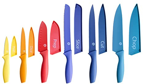 MasterChef Kitchen Knives Set with Covers incl. Paring, Boning, Carving, Bread, Santoku & Chef Knife, Sharp Cutting Stainless Steel Blades with Sheaths, 12 Piece (6 Colored Knives & 6 Covers)