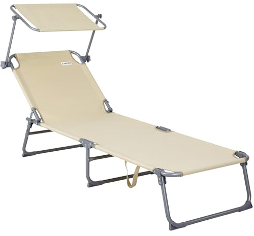 CASARIA® Tumbona con Parasol Jardín Playa Plegable Carga 130Kg 190x60cm Respaldo Reclinable Piscina Ligera Crema