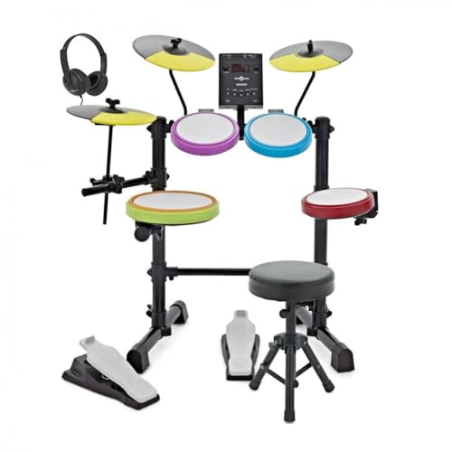 Gear4music Mesh-E-Drum-Set für Kinder mit Hocker und Kopfhörer | Komplettes 8-Teiliges Elektronisches Set für Junge Anfänger, 38 Sets mit 44 Songs und Metronom, Klappbar