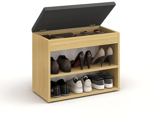 KOMTO Schuhbank mit Sitzfläche - Schuhregal Bank mit Stauraum Buche 60 x 48 x 32 cm Kleiner Schuhschrank mit Sitzbank Flur Bank Garderobenbank Sofia