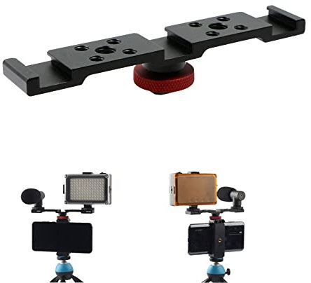 Dual Camera Flash Rail Light Bracket - Flash Mount Hot Shoe with 1/4 3/8 Inch Screw Holes for LED Light Tripod Flash Light Microphone DSLR, Black