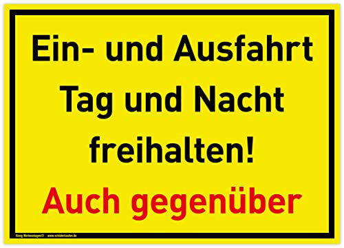 Großes Schild Ein- und Ausfahrt | 42x30cm | wetterfestes PVC-Schild mit UV-Schutz | signalgelb | Tag und Nacht freihalten Auch gegenüber | Einfahrt freihalten, Ausfahrt freihalten