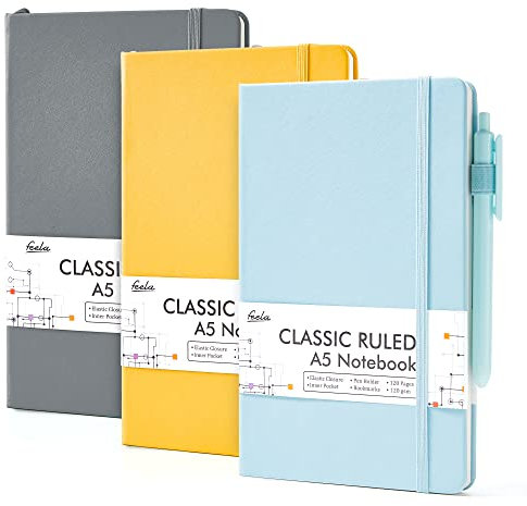 feela Notizbuch A5 liniert Hardcover, Notizbücher Set mit 3 Farben, Journal Buch mit 3 Gelstifte schwarz, 120 GSM, 13x21cm, Notizblock Set geeignet für Büro, Schule, für Kinder und Erwachsene, Din A5