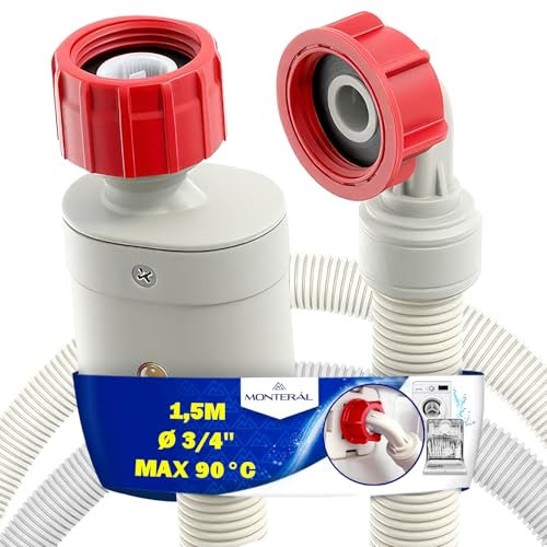 Aquastop Manguera Lavadora y Lavavajillas 1,5m con Válvula de Seguridad Recta y Acodada Ø 3/4 para Entrada de Agua Max 90°C - MADE IN EU - Garantía de 10 Años - MONTERAL