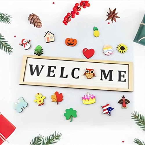 Cartello Porta, Cartello di Benvenuto Stagionale, Stile Carino e Rustico, 16 Icone Intercambiabili, Aspetto Semplice, Decorazione Porta Anteriore in Legno per Vacanze, Halloween, Natale