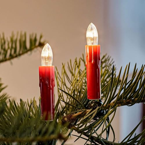 hellum Lichterkette innen Wachstropfen rot, 20 Kerzen, Stecker teilbar | Made in Germany warmweiß, Lichterkette Kerzen mit Clip, 13,30m beleuchtet, Kabel grün, für Weihnachtsbaum <59lm 814033