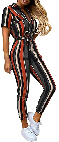 Generico Pagliaccetto Donna Tuta Salopette da Donna a Maniche Corte con Tuta Tascabile Casual Tinta Unita e Stampa con Cintura Pantaloni Estivi Pagliaccetto Sottile con Bottone
