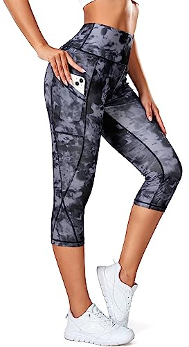 STARBILD Leggings 3/4 Sportivi da Donna con Tasche, Pantaloni Capri Opaca Vita Alta, per Yoga Palestra Fitness, K9900 - con Tasche - Batik XS