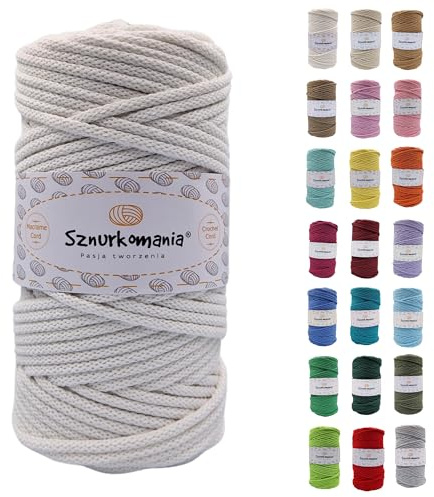 Sznurkomania, Geflochtene Baumwollkordel 5mm 100m, 46 Farben, Häkelkordel, Makramee Kordel, Makramee Garn, Premium Garn, Makramee Seil, (Weiss)