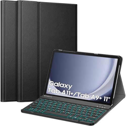 FINTIE Beleuchtete Tastatur Hülle für Samsung Galaxy Tab A11+/Tab A9+ 11 | Magnetisch Abnehmbare Deutsches Bluetooth Tastatur mit Hintergrundbeleuchtung, Verstellbarer Ständer, Schwarz