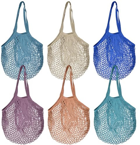 NAROSEBE 6 Pcs Sacs de Courses en Maille, Filet Provision en Maille 60x30 cm, Filet de Courses en Coton avec Longue Poignée, Sacs à Provisions Maille Respirant, pour Shopping Fruit Légume, 6 Couleurs