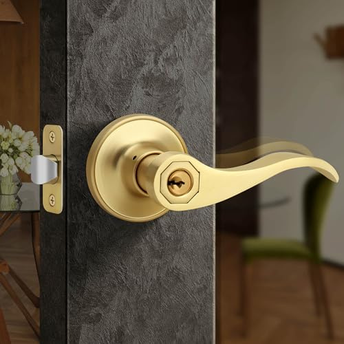 Moquin Wave Style Gold Door Handle with Lock and Key, Keyed Entry Brushed Gold Door Handles for Bedroom or Front Door, Satin Brass