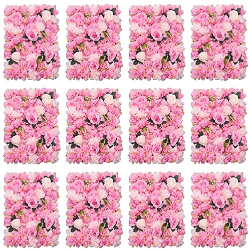 Akuoyiexemye 12-Stücke Künstliche Blumenwand Panel 60×40cm, DIY Seidenblumen Kunstblumen Dahlie+Rose+Grünes Blatt für Hochzeit Dekor Party Hintergrund (Dunkelrosa)