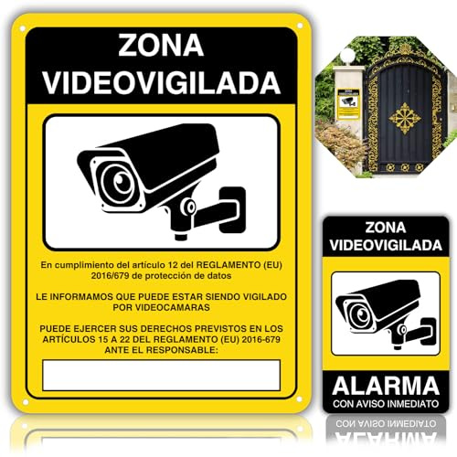 LEIASA | Pack Cartel Zona Videovigilada - 21x28 cm y 9x14 cm - Reflectante - Fabricado en Aluminio - Grosor 0.6 mm - Cartel Videovigilancia (SET Carteles videovigilancia)