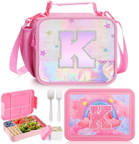 JYPS 2PCS Lunch Box Enfant Set, Sac Isotherme Repas Enfant, Bento Box avec Compartiments et des Couverts, Sans BPA Sac Boîte à Repas pour Fille/Bambin Préscolaire et Maternelle ﻿ (Rose K)