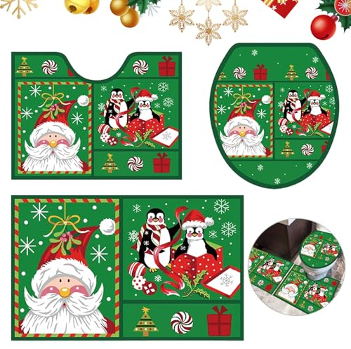 BRTNUP 3 Stücke Weihnachtsdeko Teiliges Set Toilettensitzbezug, Weihnachten Toilettensitzbezug Sitzbezug & Teppich für WC (Grün)