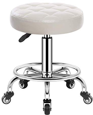 Gardeneea Drehhocker auf Rollen, Verstellbarer Rollhocker, 46-61 cm, gepolsterter Sitz mit Kunstlederbezug, Arbeitshocker für Kosmetikstudio, Büro, weiß (weiß)