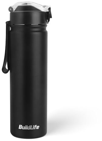 BuildLife 720ML Insulated Water Bottle with Straw,Leak Proof Double Walled Stainless Steel Metal Sports Water Bottles, BPA Free,Dishwasher Safe,Drinking Bottle for Travel,School,Gym (Black)