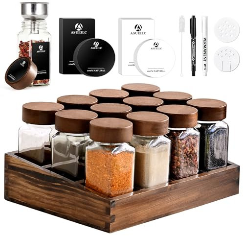 DSUID Elegant Acacia Wood Spice Rack | 12 x 120ml Jars 40 Labels Natural Organizer