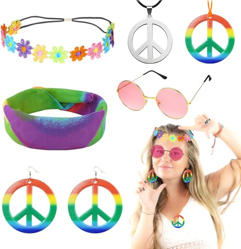 CIYIN Hippie Kostüm Set, 6 Stück Hippie Kleidung Accessoires, 60er 70er Jahre Bekleidung, Friedenszeichen Halskette Und Ohrring Buntes Hippie Stirnband, für 70er 80er Mode Thema Party