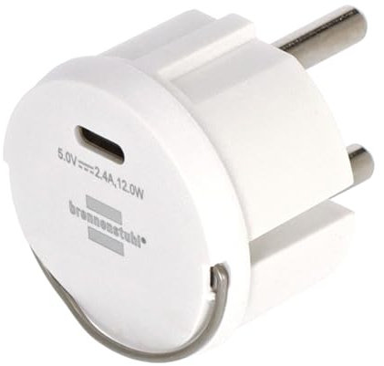 Brennenstuhl USB C laddningsadapter (USB-laddare för inkoppling i ett vägguttag, 2,4 A, kompatibel med IP44-uttag och kabeltrummor från Brennenstuhl, platt design)