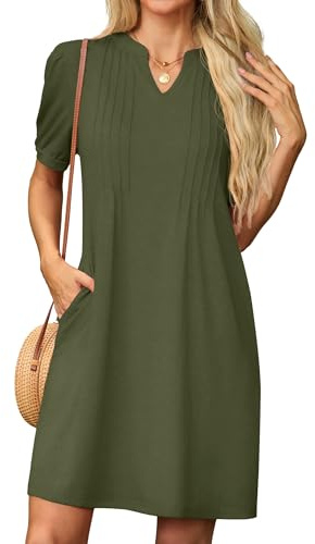 GRECERELLE Sommerkleid Damen Kurzarm V-Ausschnitt Etuikleider T-Shirt Minikleid Tunika Kleid Dresses for Women Leichte Kurze Freizeitkleid Strandkleid mit Taschen (Armeegrün, M)