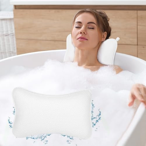 Alaoo Bath Pillow, 4D Luxury Bath Bathtub Pillow & Bath Ball Set, Ergonomic Mesh SPA Tub Pillow, with Non-Slip Suction Cups Ergonomic Home Spa Headrest for Relax Body Head, Neck (Rectangular, White)