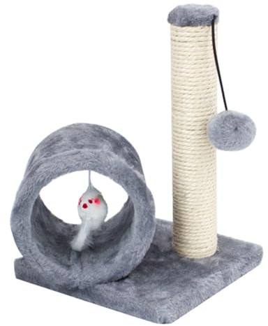 Jackanna Kratzbaum für Katzen, Kratzbrett aus natürlichem Sisal-Seil, mit hängendem Ball, mit weichem Plüsch bezogen, für Katzen geeignet (grau)