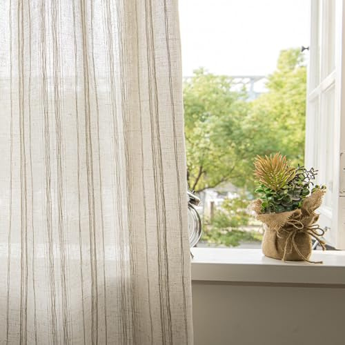 SUOUO Linen Textured Striped Sheer Curtains for Living Room 96 inches Long 2 Panels Rod Pocket Farmhouse Light Filtering Window Drapes for Bedroom Dining