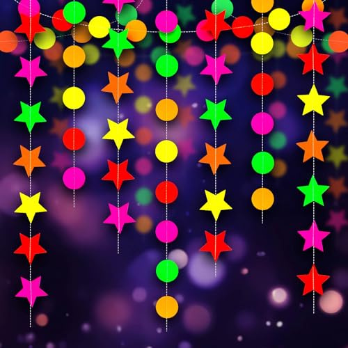 UV Neon Runde Girlande, Wiederverwendbare Sternpapier Neon Streamers Banner | Schwarzes Licht fluoreszierende Dekorationen glühen in der dunklen Party, UV reaktiv für Party-Zubehör Hochzeit, 32.49ft