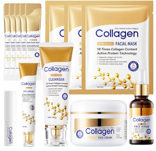 Collagen Skincare Set 13PCS, Skin Care Set: Face Cleanser & Face Serum & Eye Cream & Face Cream & 3PCS Face Mask & 5PCS Sleep Mask & Lip Balm, Skin Care Gift Sets for Women