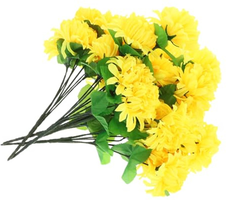 Holibanna Bouquet de 4 Chrysanthèmes Artificiels Réalistes pour Décor de Tombe, Tiges en Soie et Plastique, Couleur Jaune, Aspect Naturel et Texture Délicate