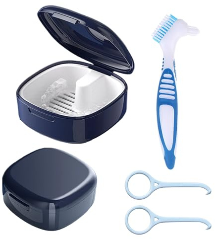 4 Stück Zahnspangendose Set, 1 Prothesendose + 1 Prothesenbürste + 2 Zahnersatzbürste, Blaue Zahnspangenbox für Tragbare Aufbewahrung, Ideal für Reisen und Täglichen Gebrauch