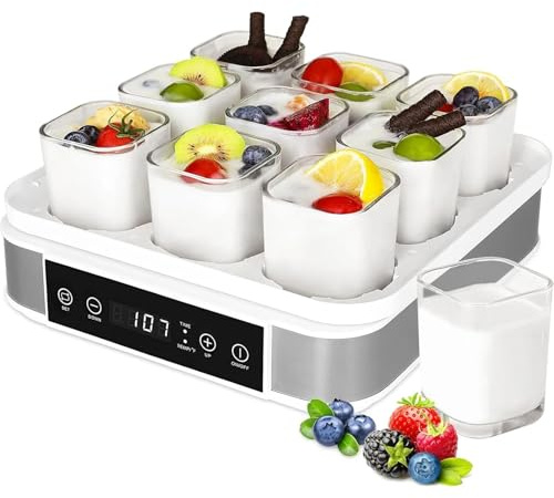 Yogurtera eléctrica de fermentación con 9 frascos de Vidrio de 170 ml, Pantalla LED y Temporizador. Control de Tiempo y Temperatura Ajustables for Preparar postres caseros Frescos y saludables.