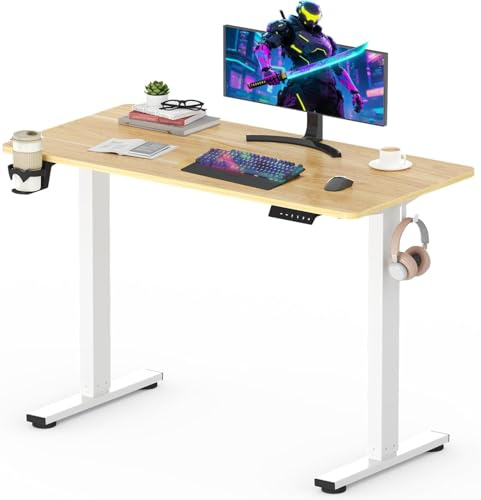 SANODESK QS-Gaming Escritorio Elevable Eléctrico 110x54 cm con Ganchos, Portavasos y Gestión de Cables, Regulable en Altura con Tablero Completo y Función de Memoria, Arce