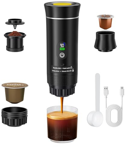 Haedswer Máquina de Café Portátil, 3 en 1 Cafetera Espresso de Batería, Compatible con Cápsulas y Café Molido, Regalos para Autocaravana y Camping