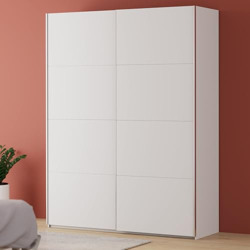 Forte FITTIO Kleiderschrank 180, moderner Schwebetürenschrank, 2-türig, Kleiderstange, Einlegeböden, Schlafzimmer, Holzwerkstoff, Weiß, 180,1 cm breit x 235 cm hoch x 61,2 cm tief