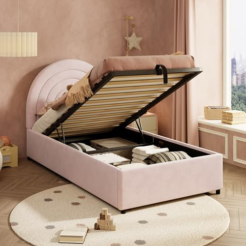 ModernLuxe Upholstered Single Bed with Storage, 3FT Ottoman Bed with Sturdy Wooden Slatted Frame and Upholstered Headboard, Easy to Assemble, Ideal for Adults and Teenagers, Velvet, Pink, 90x190cm