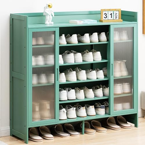 Zapatero moderno de bambú de 5 niveles, estrecho, 32 cm, con puertas correderas, gran capacidad de almacenamiento para entrada, pasillo, sala de estar, baño, verde, 117 x 32 x 106 cm