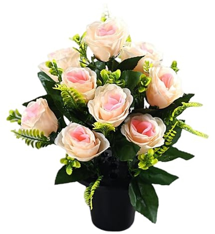 Hperu Fiori per tombe, rose artificiali da 15 pollici a 12 teste con vaso - Fiori da cimitero in seta per lapidi e decorazioni per lapidi - Cimitero per tomba