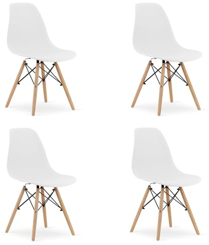 4er-Set Stühle in Weiß mit Naturholz-Beinen, ergonomisches und zeitloses Design, ideal für Esszimmer, Wohnzimmer oder Büro, langlebig, bequem, funktional, leicht selbstmontierbar, stilvoll
